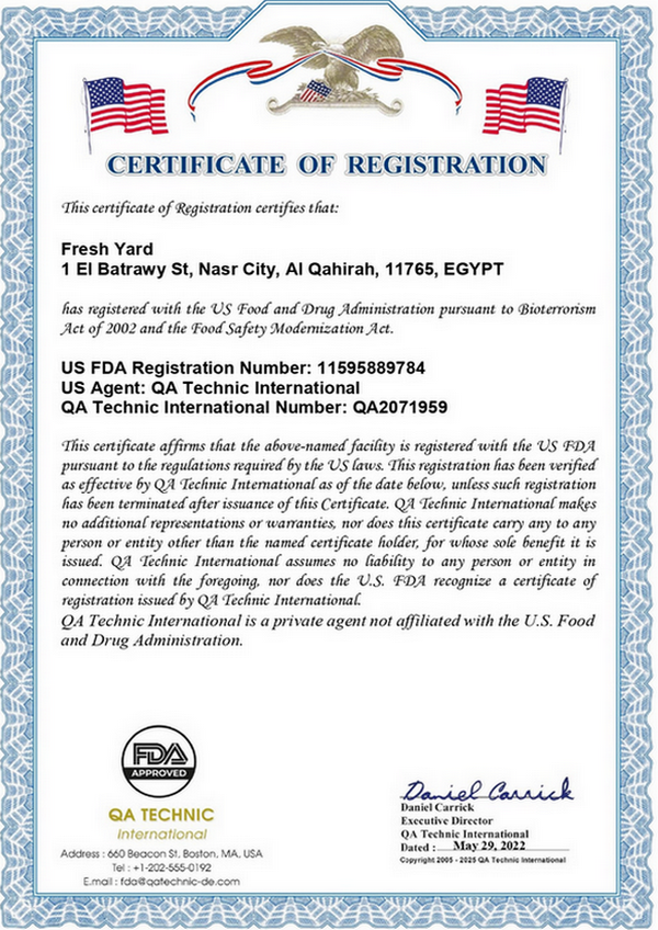 Fresh Yard Quality Certificates FDA