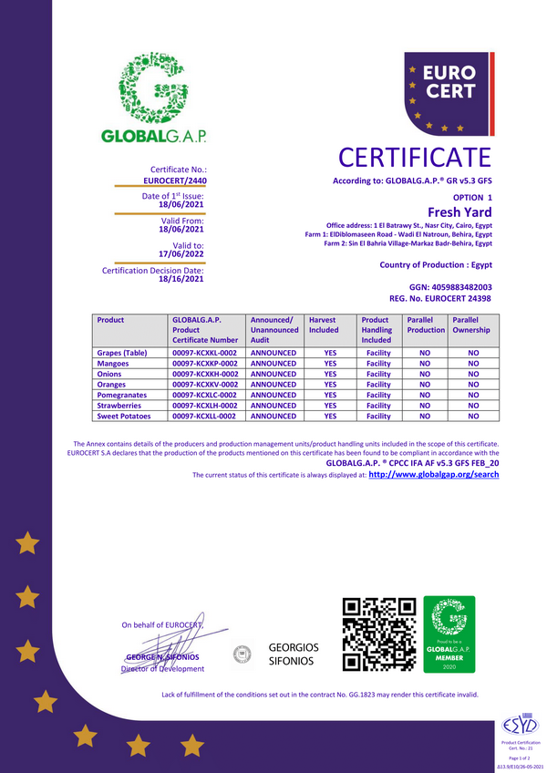 Fresh Yard Quality Certificates global gap